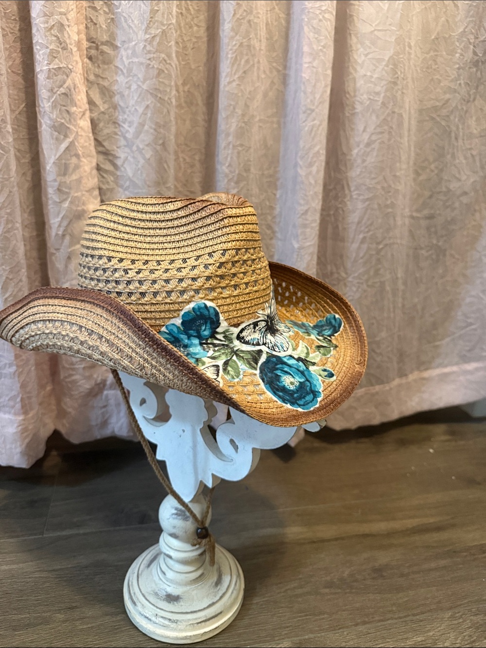 Natural Straw Western Hat with Teal Floral & Butterfly Accents